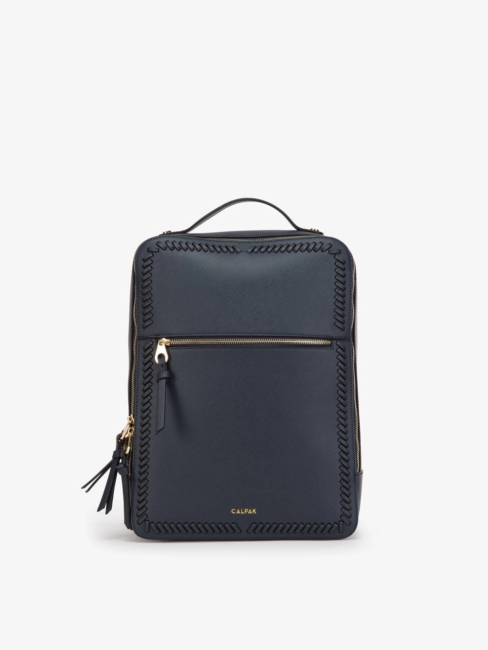 Calpak Navy Square Backpack with Top Handle and Whipstitch Trim